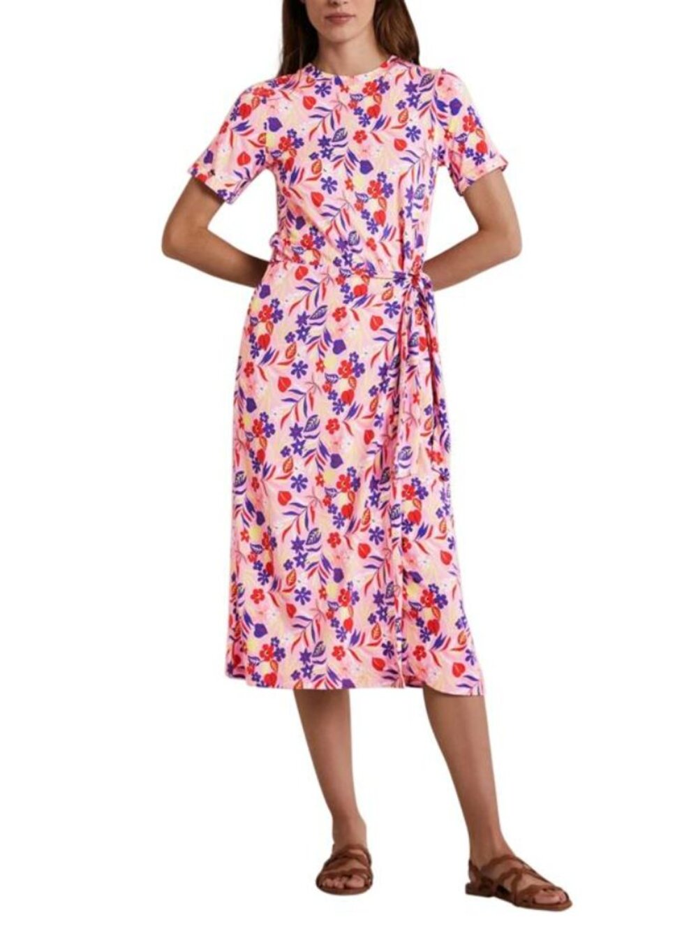 Boden Amanda Front Tie Jersey Dress Size 14 Pink Floral Faux Wrap Elastic Waist